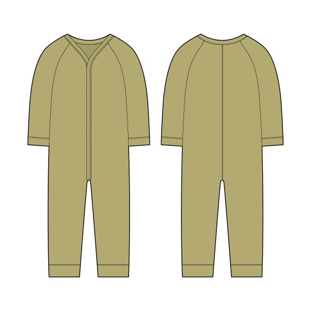 婴儿蹦蹦跳跳的。婴儿身体穿模拟。长袖连体衣孩子紧身衣裤。技术草图。橄榄绿色。图片下载