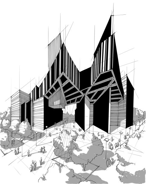 手绘黑白建筑图片下载