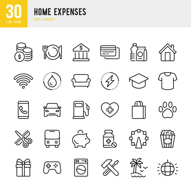 家庭开支-细线矢量图标设置。像素完美。套装包含图标:家庭财务，预算，信用卡，医药，电力，服装，美发师，互联网。图片下载