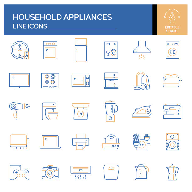 一套家用电器相关的线图标。轮廓符号集合，可编辑的描边图片下载