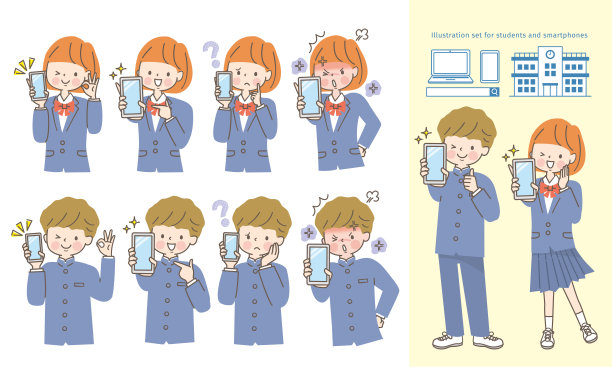 男女学生展示智能手机的屏幕表情集图片下载