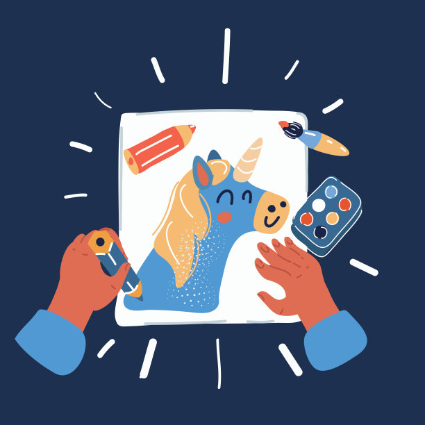 向量插画手工坊的孩子手绘图片。俯视图在黑暗的背景图片下载