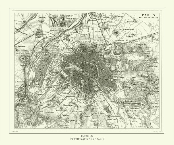 雕刻古董，巴黎的防御工事雕刻古董插图，1851年出版图片下载