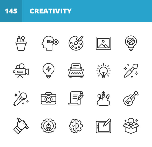 艺术和创意线图标。可编辑的中风。像素完美。移动和网络。包含诸如艺术，创意，绘画，绘画，摄影，写作，想象，创新，头脑风暴，设计，营销，音乐，媒体等图标。图片下载