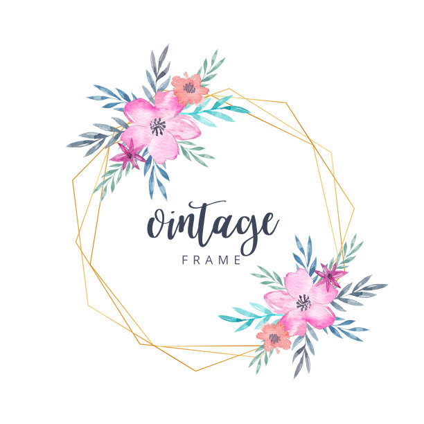 水彩花卉与黄金边界古董框架图片下载