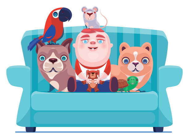 快乐的宝宝和宠物坐在沙发上图片下载