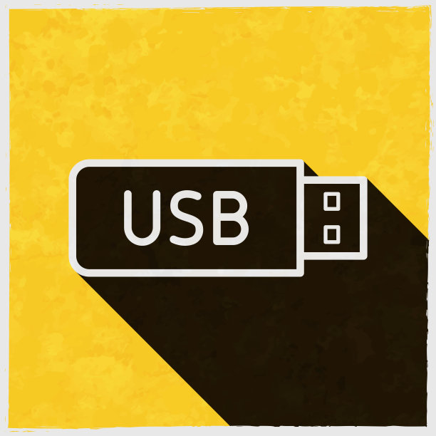 USB闪存驱动器。图标与长阴影的纹理黄色背景图片下载