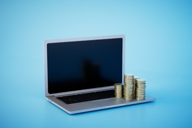 远程工作的收入。一台打开的笔记本电脑和一堆蓝色背景的硬币。三维渲染图片下载