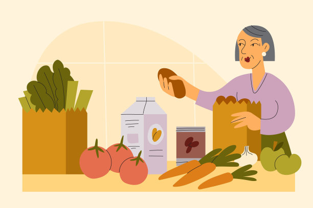 一位年长的亚洲妇女从购物中取出健康的素食食品图片下载