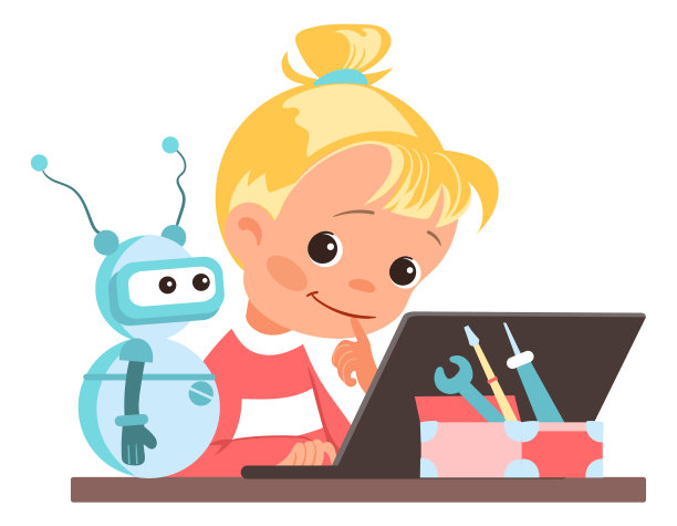 儿童组装机器人。带着机器人玩具和笔记本电脑的女孩。智能儿童编程机器人。自动电子机器。人工智能。载体教育科学项目图片下载
