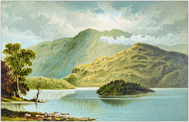 苏格兰城市，湖泊和山脉的古董绘画:本Venue和艾伦的岛，卡特琳湖图片下载