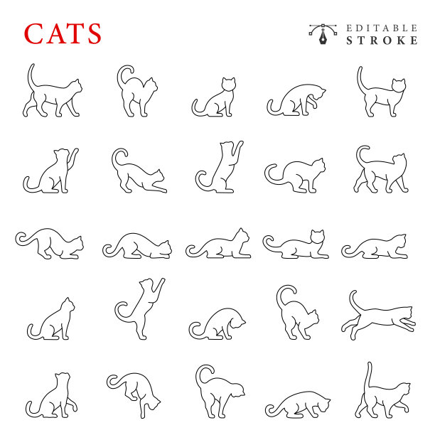 猫线图标设置。可编辑的中风。图片下载