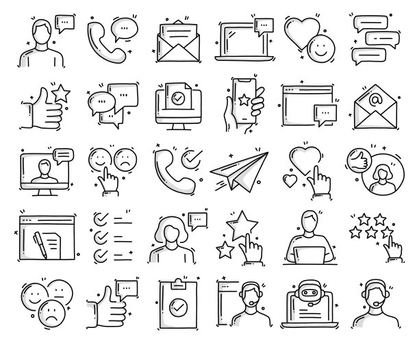 反馈和评价相关的对象和元素。手绘矢量涂鸦插图集。手绘图标集。图片下载