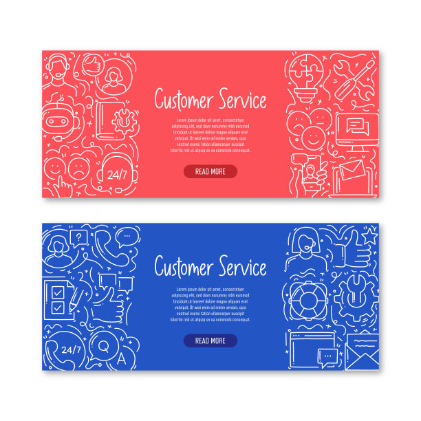客户服务相关的对象和元素。手绘矢量涂鸦插图集合。横幅模板与不同的客户服务对象图片下载