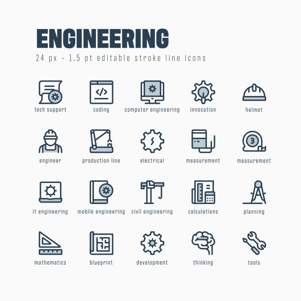 工程线图标集。可编辑的中风。像素完美。图片下载