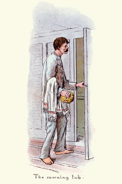 一个拿着毛巾和海绵的男人去晨洗，19世纪维多利亚时代英国军队的生活图片下载