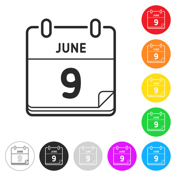 6月9日。按钮上不同颜色的平面图标图片下载