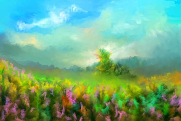 春开花谷，油画山水图片下载