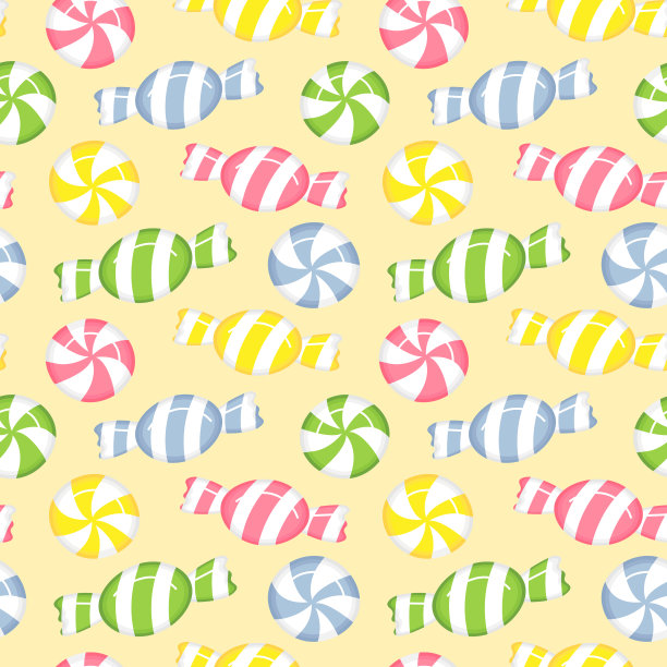 无缝彩色糖果插图图案，黄色背景图片下载