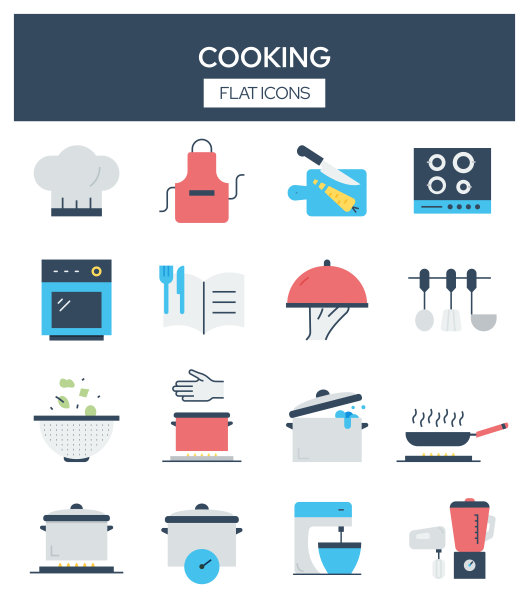 烹饪相关的现代平面图标向量集合图片下载