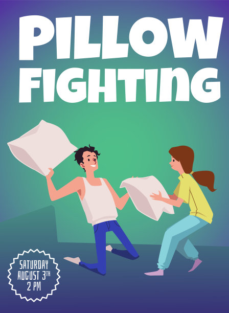 枕头打架海报与人有笑话打架，平面矢量插图。图片下载