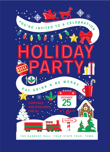 色彩缤纷的节日圣诞派对邀请设计模板与节日图标图片下载