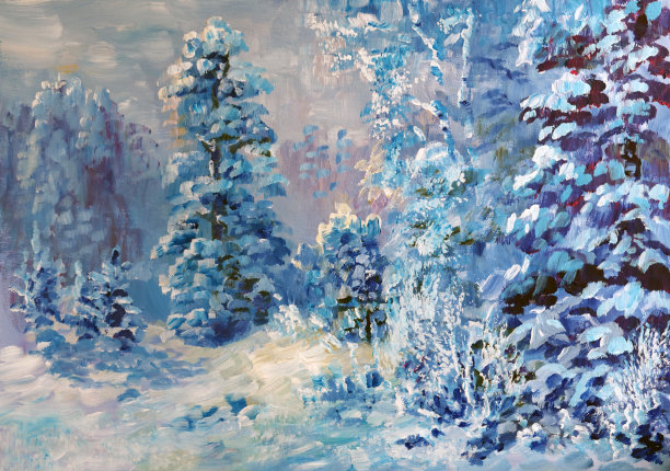 冬天的森林，油画图片下载