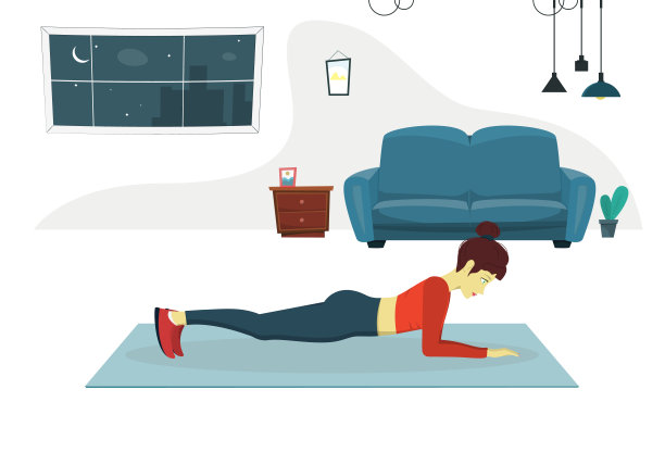 女性在家做健身运动。从事体育运动的概念。美丽的女孩从事健身平板支撑，重点是肘部的姿势。矢量平面卡通插图图片下载