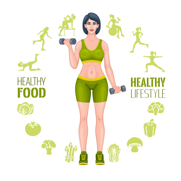 拿着哑铃的健身女性。健康的素食饮食图片下载