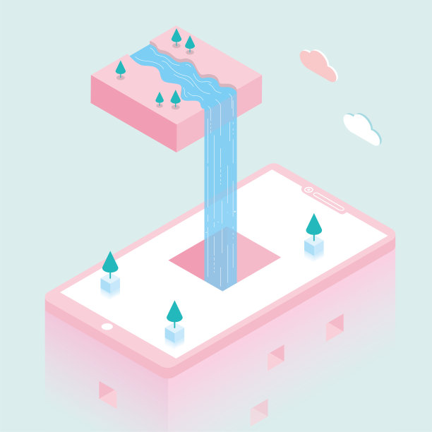 水从半空中流下，形成瀑布，落入手机屏幕下方的陷阱。图片下载