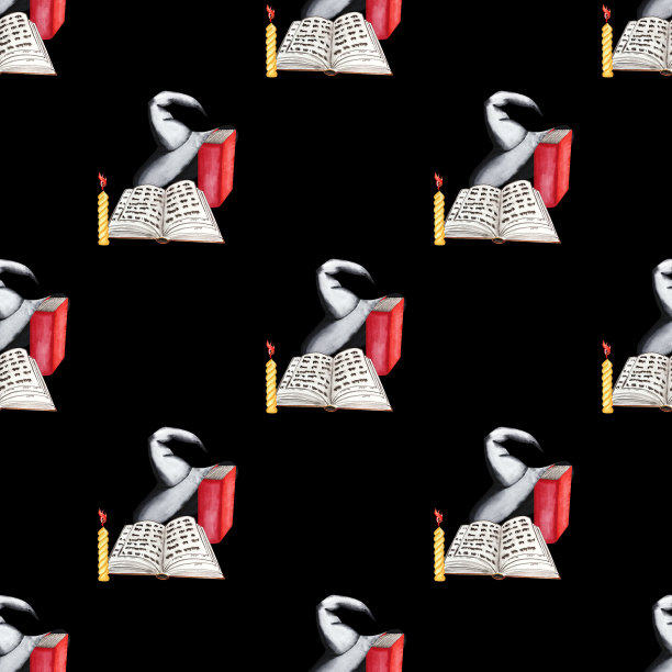 巫师帽和书与蜡烛在一个无缝的图案。插图的魔法书在黑暗的背景为万圣节。为了你的设计图片下载