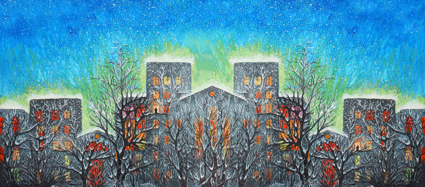 冬季新年插画油画横向景观建筑街道白雪覆盖的树木和建筑在飘落的白雪背景下图片下载