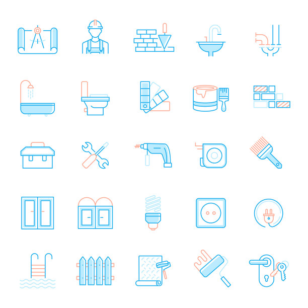 一套家庭维修和维护平面相关的线图标。简单轮廓符号图标。图片下载