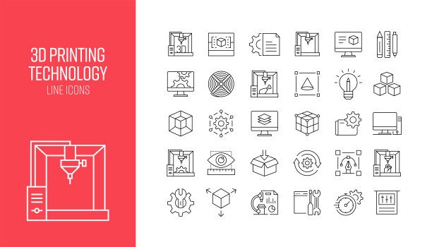 3D打印技术相关的线条图标集。大纲符号集合图片下载