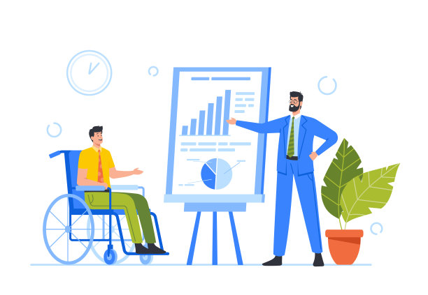 残疾商人在轮椅上观看研讨会演示与沙发或老板性格给予财务信息图片下载
