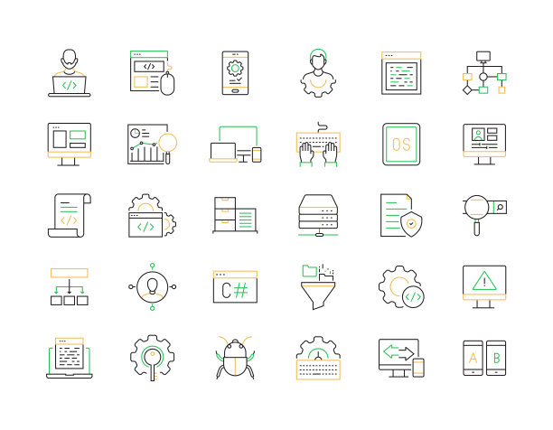 编程相关的矢量线图标。大纲符号集合图片下载