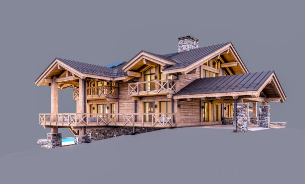 3d渲染现代舒适小屋在傍晚孤立在灰色上图片下载