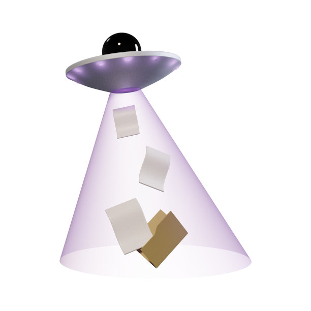 带光束的3D外星飞船。飞行UFO船升降文件文件夹孤立在白色背景，3D渲染图片下载