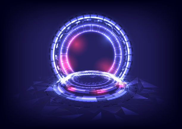 GUI和UI虚拟现实。传送门和全息科学的未来主义。科幻数字高科技在发光HUD投影仪。奇幻游戏中的魔法门。圆传送讲台。矢量插画家图片下载