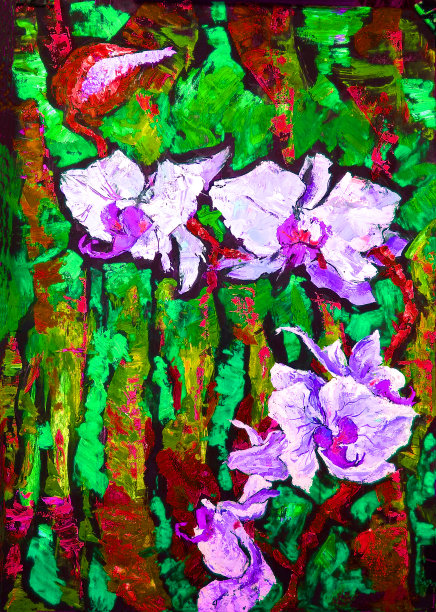 插图油画风景兰花花在一个明亮的背景植物叶在绿色色调图片下载