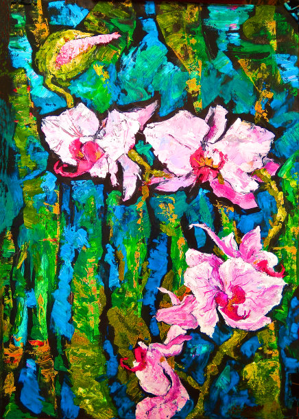 插图油画风景兰花花在一个明亮的背景植物叶在绿色和蓝色调图片下载