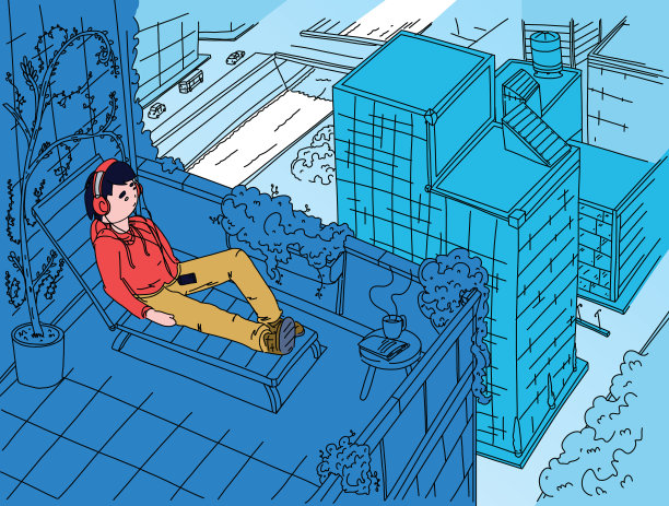 工人在家远程工作，在繁忙的城市中心，生活在一个和平的茧与各种植物，听音乐，放松从繁忙的城市。插图简单，平坦大胆的蓝色。图片下载