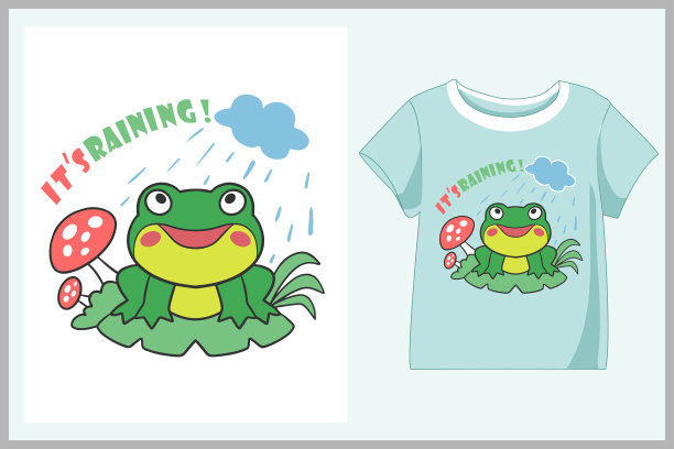 可爱的青蛙吉祥物卡通t恤设计与装备预览。图片下载
