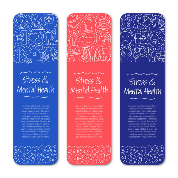 压力、抑郁、心理健康相关的对象和因素。手绘矢量涂鸦插图集合。不同压力、抑郁、心理健康对象的横幅模板图片下载