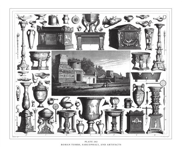 罗马坟墓，石棺和文物雕刻古董插图，出版于1851年图片下载