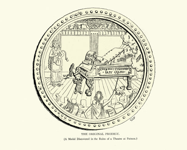 维多利亚时代的卡通，独创的神童，弹钢琴的宝贝图片下载