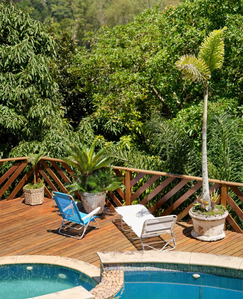 豪华度假村露台上的两把躺椅图片下载