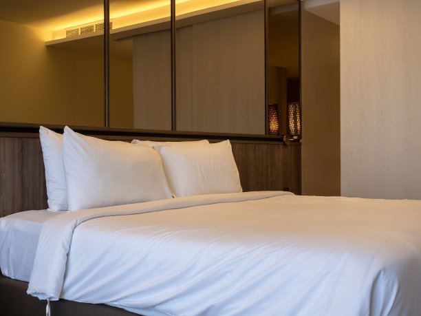 一对白色枕头在空床与白色羽绒被在豪华现代设计室内与大镜子墙背景的酒店卧室。两个柔软干净舒适的枕头为客人准备。图片下载