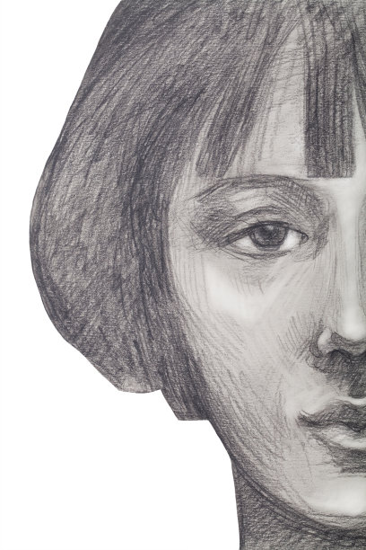 时尚的女性插图现代艺术印象派我的原始铅笔画在纸上垂直肖像的女孩与复古的Kare发型图片下载