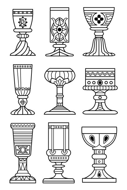 向量集九个装饰幻想高脚杯与镶嵌和装饰。中世纪风格的酒杯装。图片下载